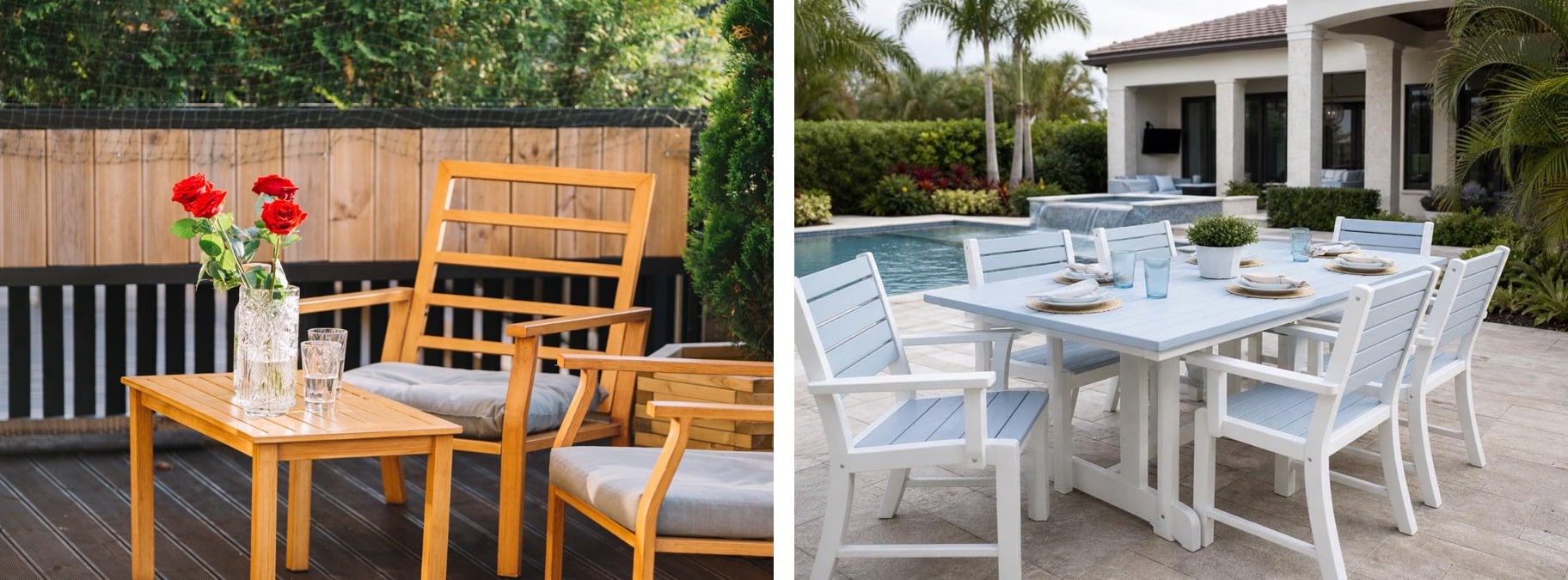Teak and white poly lumber outdoor furniture compared side by side