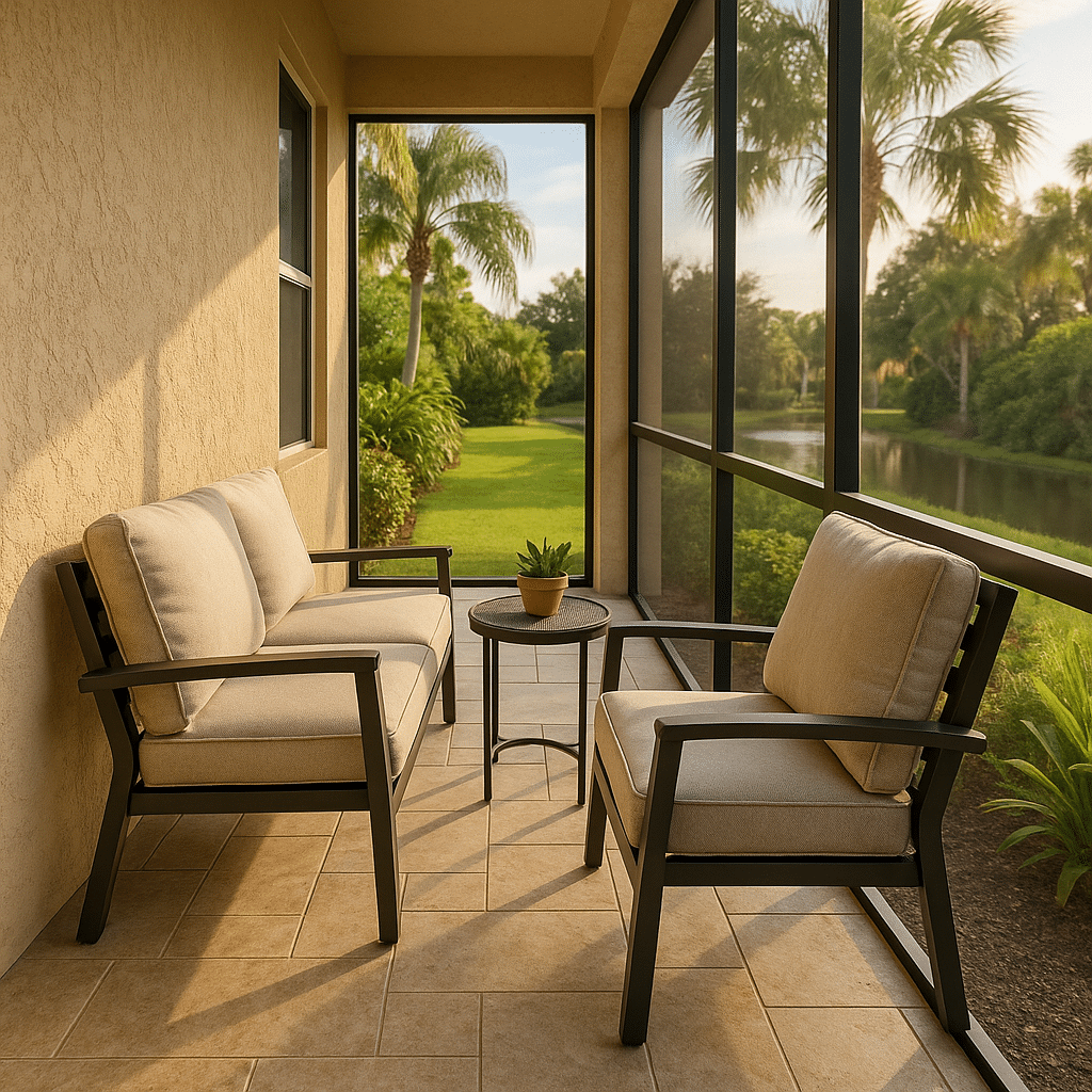 Narrow Lanai Furniture Layouts for a late summer guest-ready South Florida patio