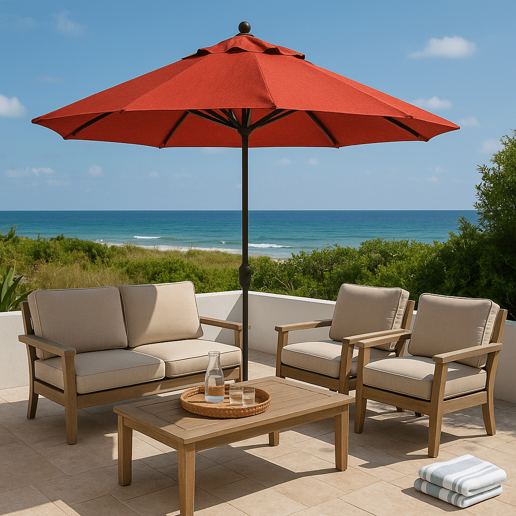 Umbrella Fabric Choices for a late summer guest-ready South Florida patio