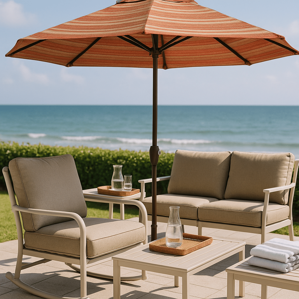 Umbrella Fabric Choices for a late summer guest-ready South Florida patio
