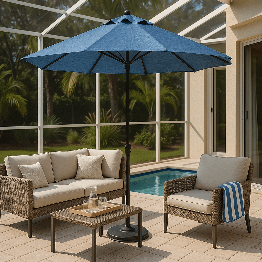 Umbrella Fabric Choices for a late summer guest-ready South Florida patio