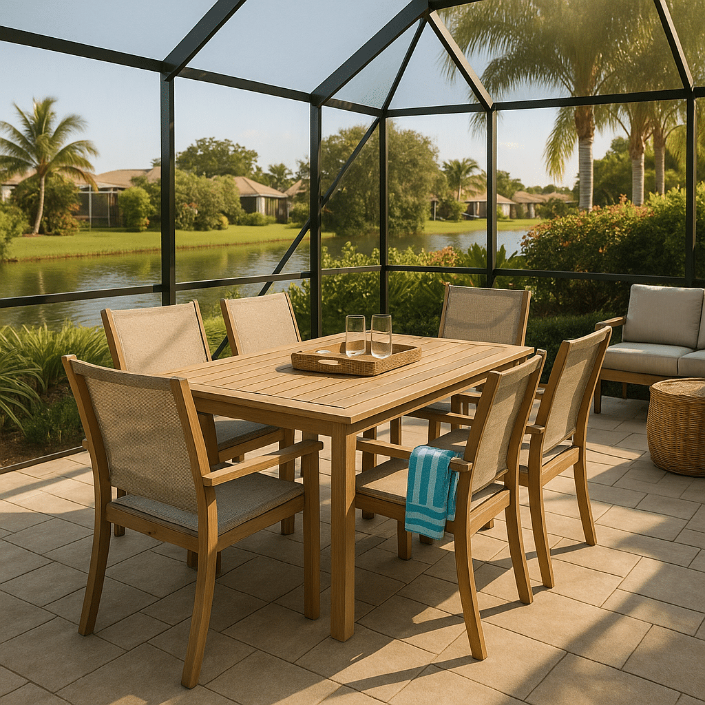 Screened Enclosure Dining Sets for a late summer guest-ready South Florida patio