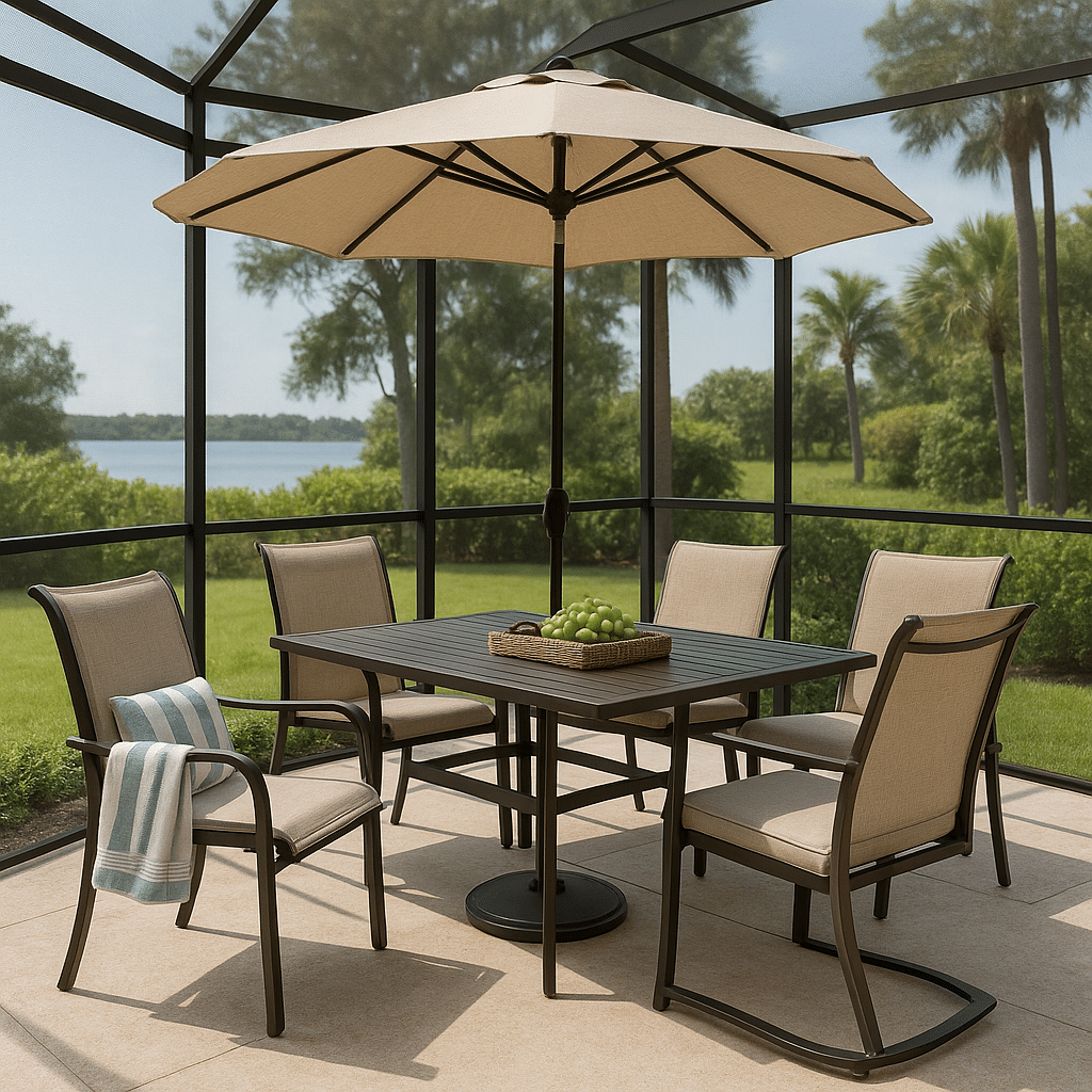 Screened Enclosure Dining Sets for a late summer guest-ready South Florida patio