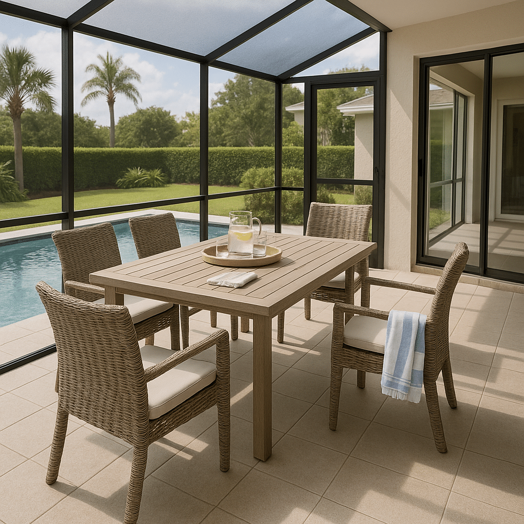 Screened Enclosure Dining Sets for a late summer guest-ready South Florida patio