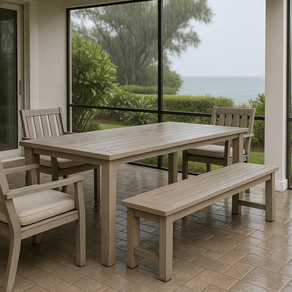 Outdoor Dining Bench Seating for a rainy season covered South Florida patio