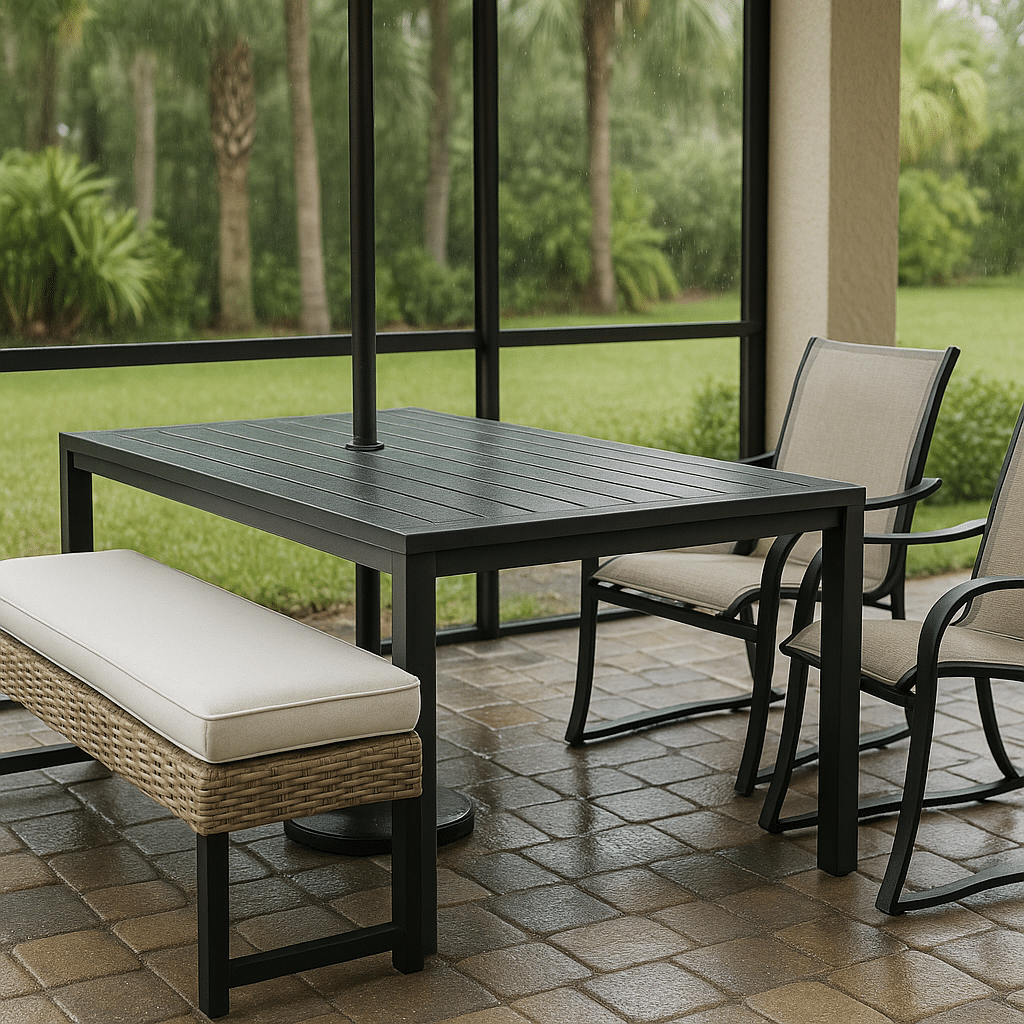 Outdoor Dining Bench Seating for a rainy season covered South Florida patio