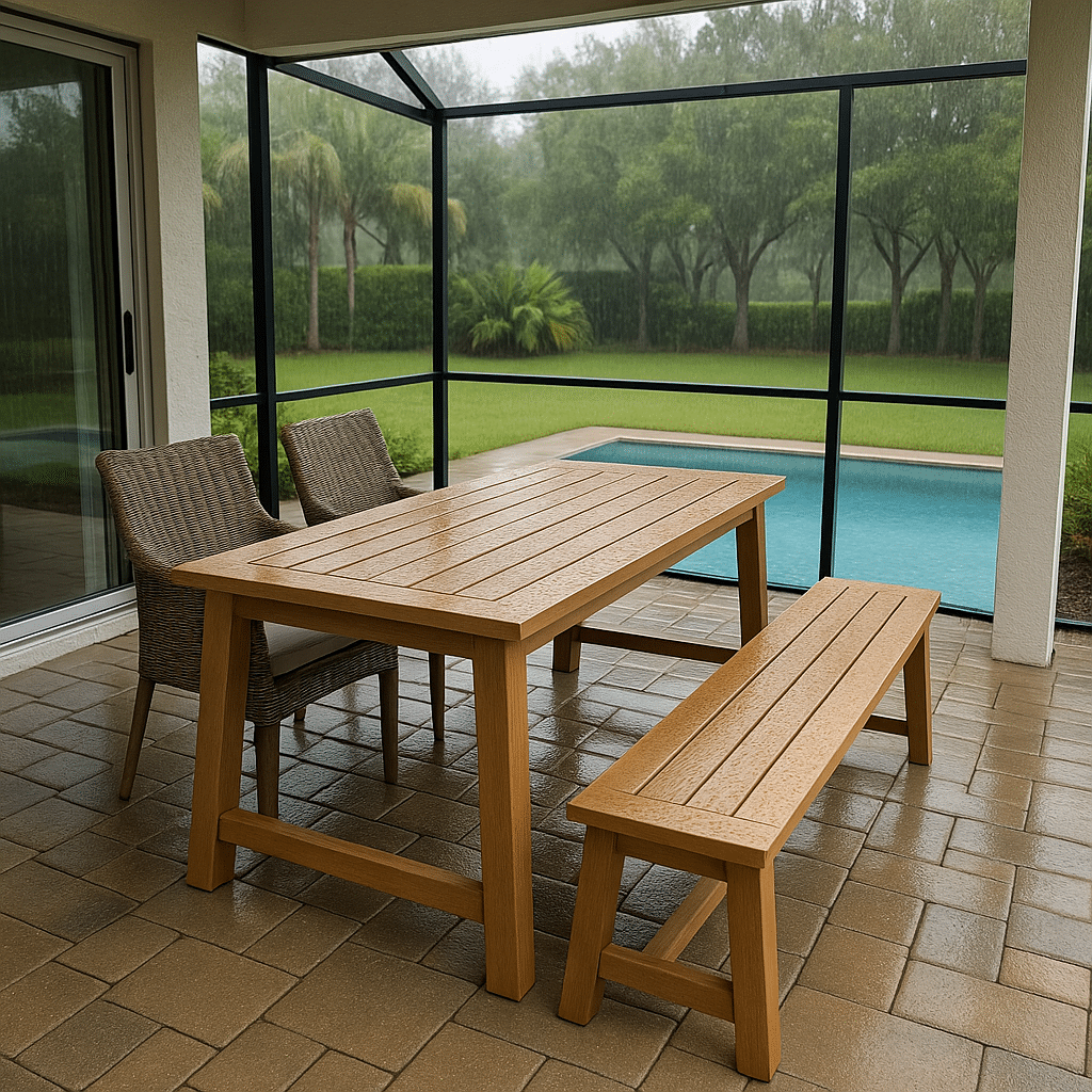 Outdoor Dining Bench Seating for a rainy season covered South Florida patio