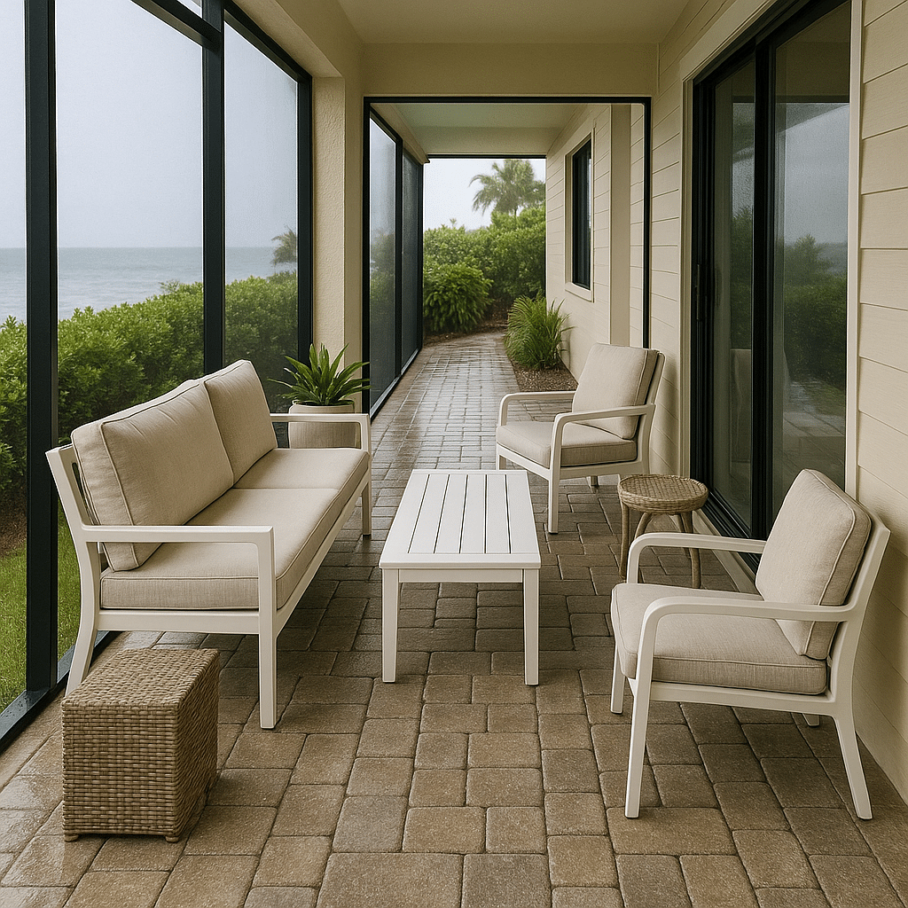 Narrow Lanai Furniture Layouts for a rainy season covered South Florida patio