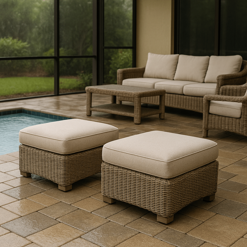 Poolside Ottomans for a rainy season covered South Florida patio
