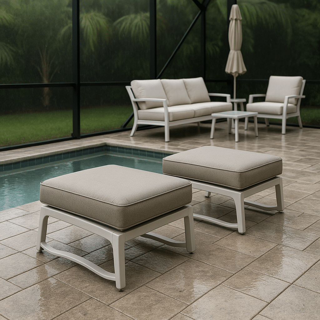 Poolside Ottomans for a rainy season covered South Florida patio
