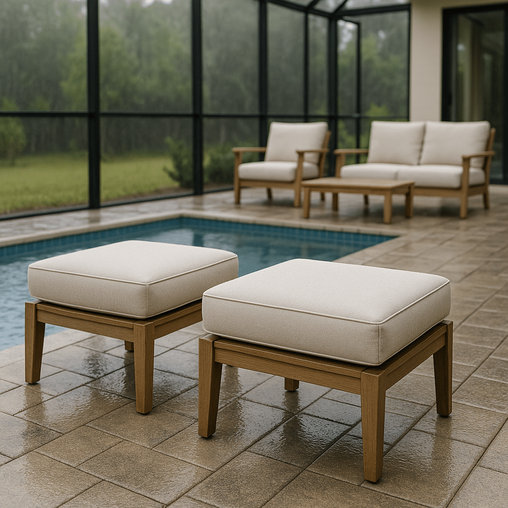 Poolside Ottomans for a rainy season covered South Florida patio