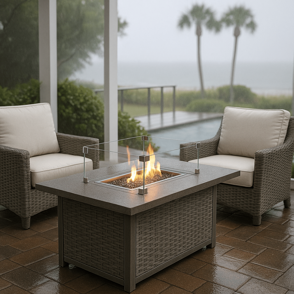 Fire Table Wind Guards for a rainy season covered South Florida patio