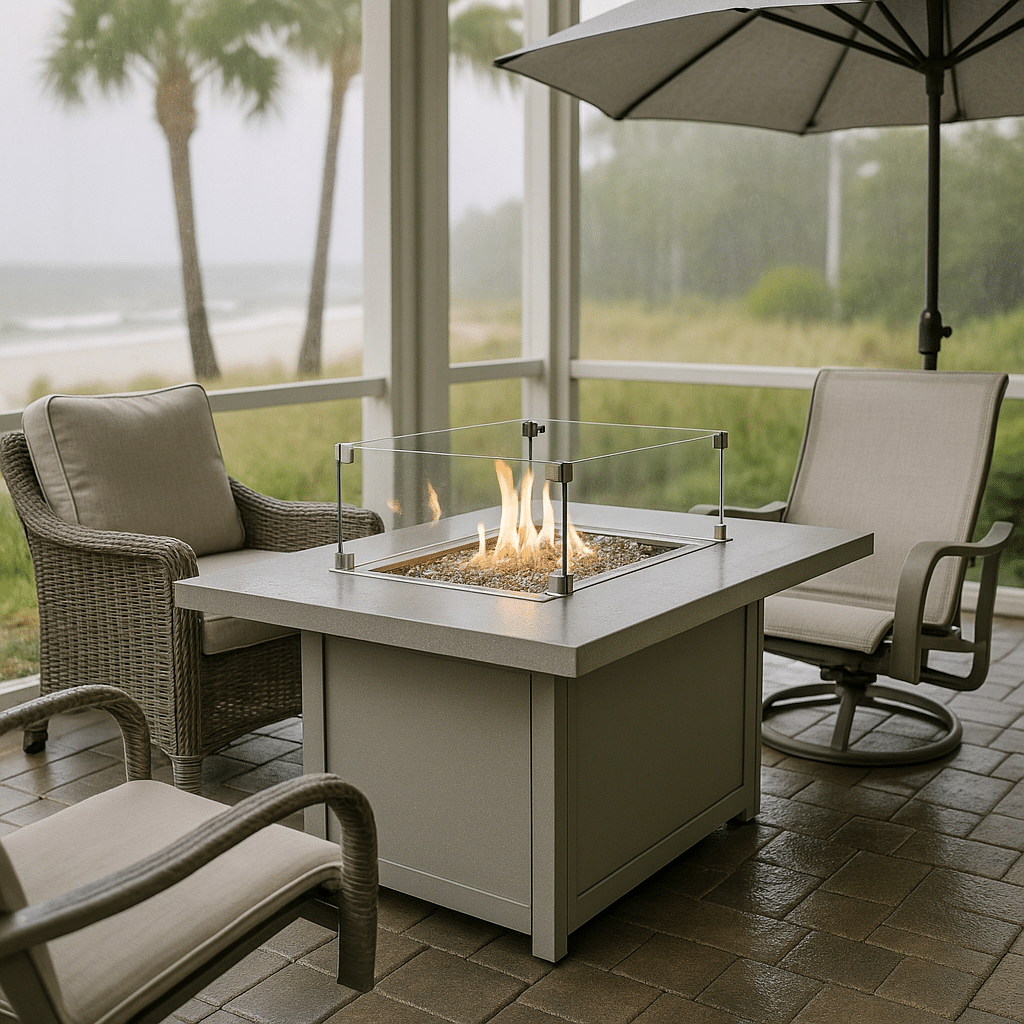 Fire Table Wind Guards for a rainy season covered South Florida patio