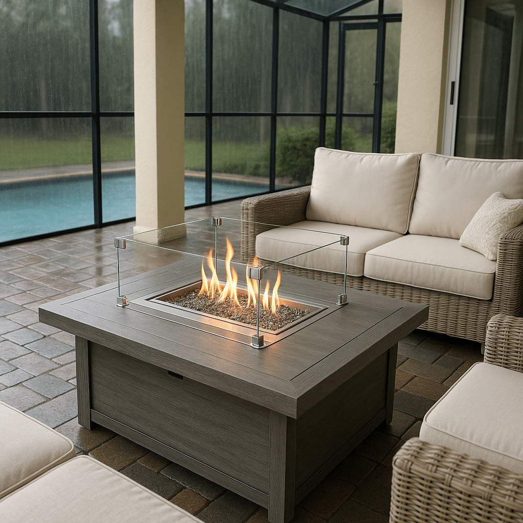 Fire Table Wind Guards for a rainy season covered South Florida patio