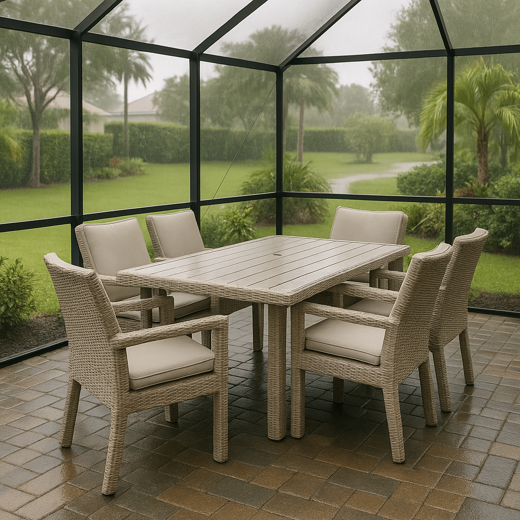 Screened Enclosure Dining Sets for a rainy season covered South Florida patio