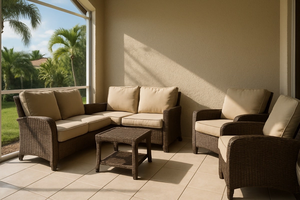Cushioned outdoor patio furniture staged on a Florida vacation rental porch