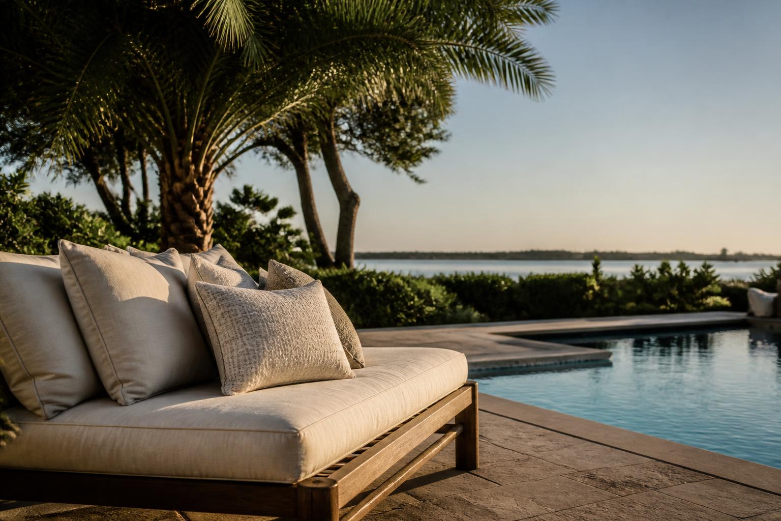 A wide outdoor daybed with thick cushions at the edge of a pool deck